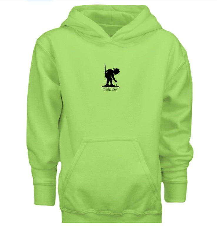 Young boy teeing golf ball hoodie