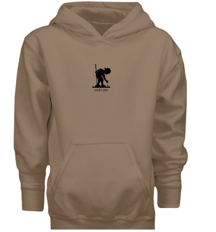 Young boy teeing golf ball hoodie