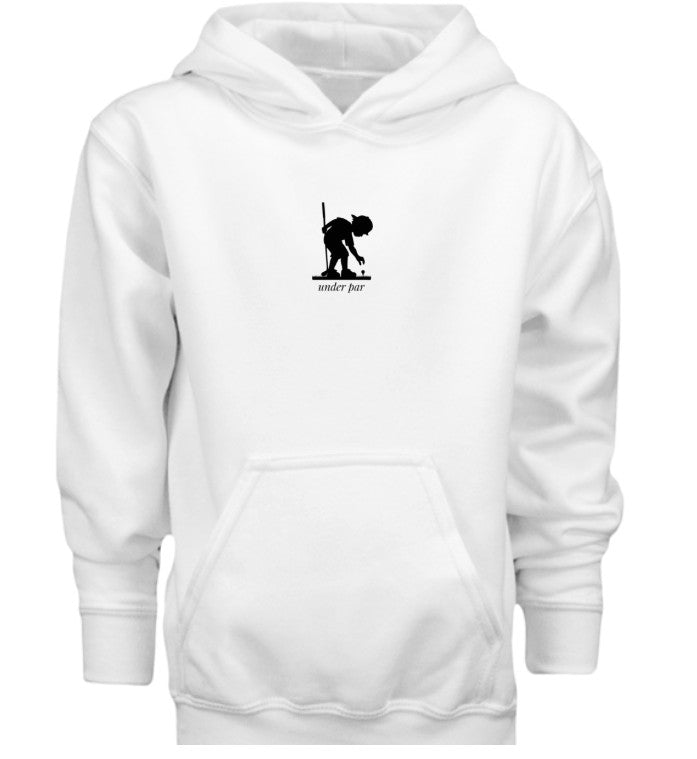Young boy teeing golf ball hoodie